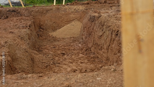 Earthworks showing a freshly dug trench with soil and sand for a new building's foundation, representing home construction and real estate development