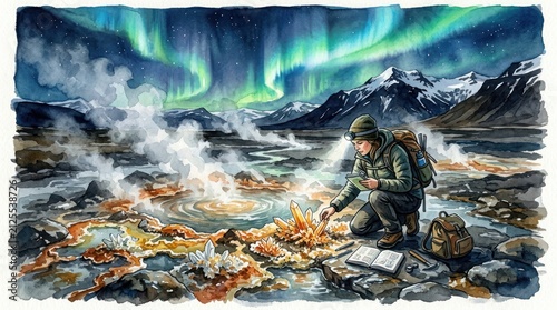 Person observing geothermal activity under aurora