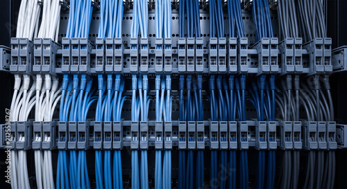 Industrial electrical cabinet with organized blue and white cables, neat wiring connection in server room, network data center technology