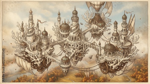 Fantasy floating islands cityscape with airships