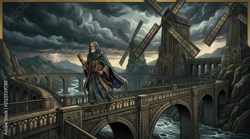 Mystical man with staff on bridge near windmills