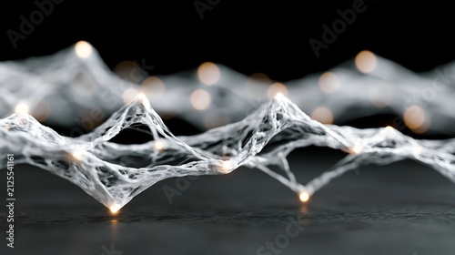 Faint glowing lights trace a delicate, web-like structure. Soft bokeh highlights glow behind the intricate design