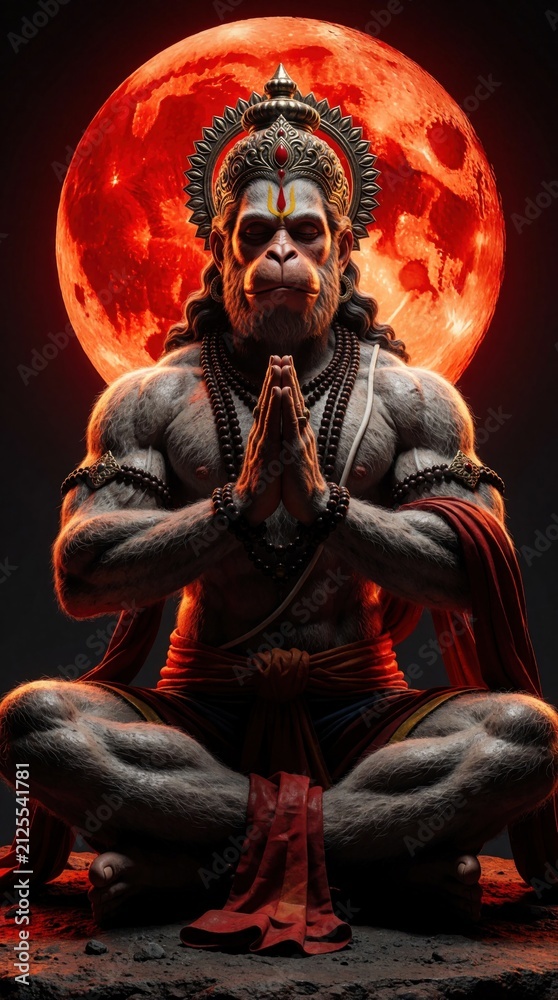 Fototapeta premium Lord Hanuman sits in lotus pose for meditation before giant red moon. Powerful Hindu deity performs prayer mudra with hands. Monkey god radiates divine energy, spiritual strength. Ancient