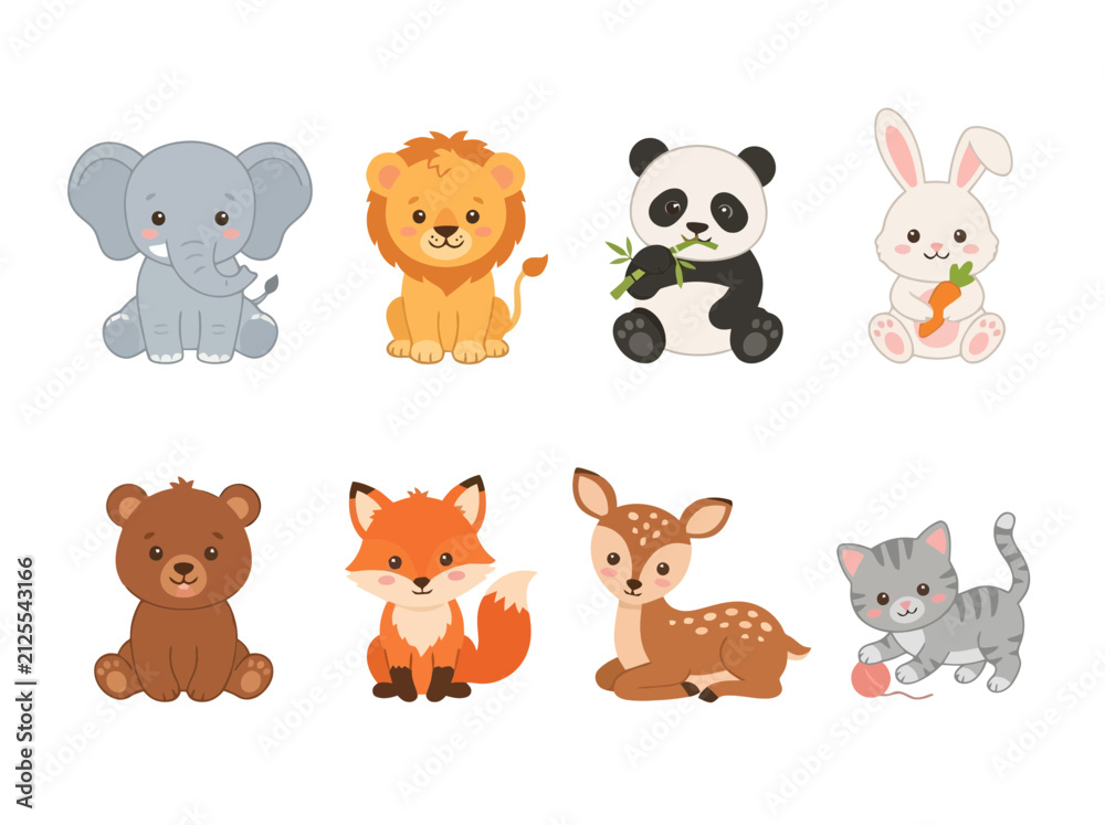 Fototapeta premium A collection of cute cartoon animals including an elephant lion panda rabbit bear fox deer and kitten.