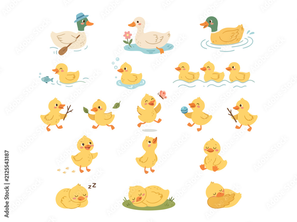 Obraz premium A collection of cute cartoon ducklings and adult ducks in various playful activities.