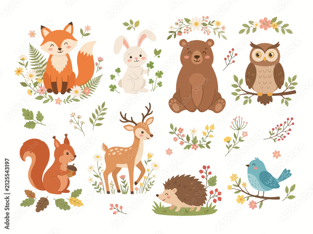 Obraz premium A collection of cute woodland animals including a fox rabbit bear owl squirrel deer hedgehog and bird.