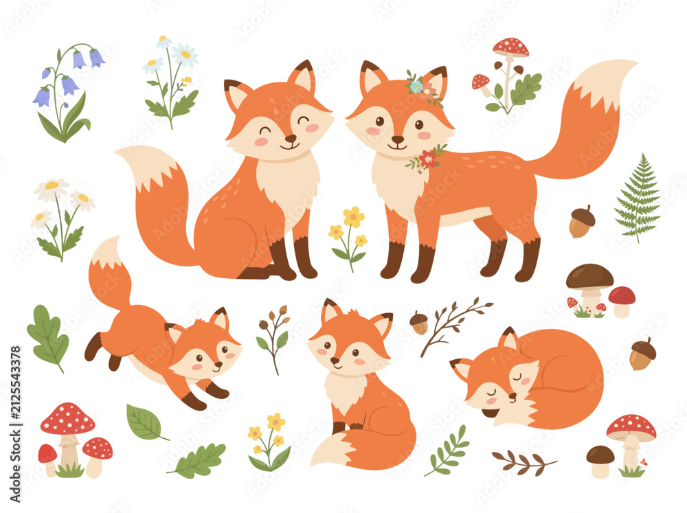 Fototapeta premium A collection of cute cartoon foxes in various poses with forest elements.