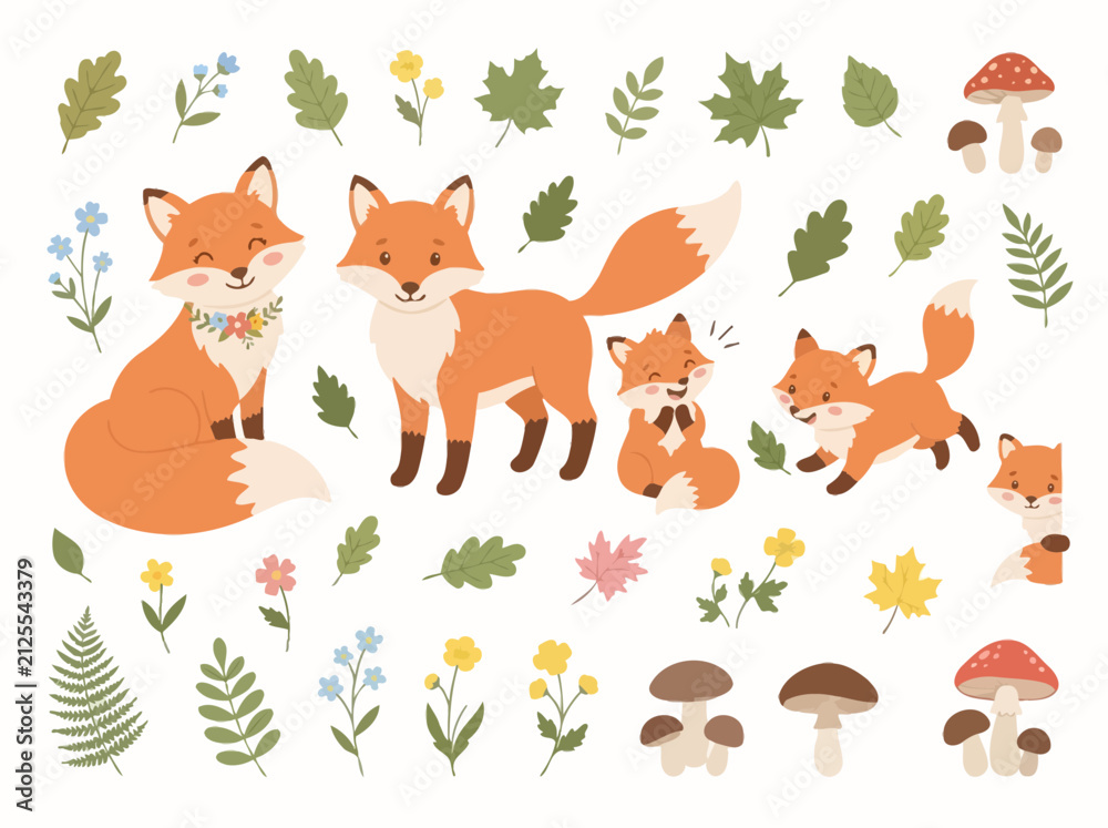 Naklejka premium A collection of cute cartoon foxes with forest elements like leaves and mushrooms.