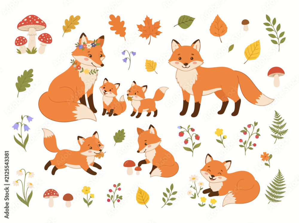 Fototapeta premium A collection of cute cartoon foxes in various poses with autumn forest elements.