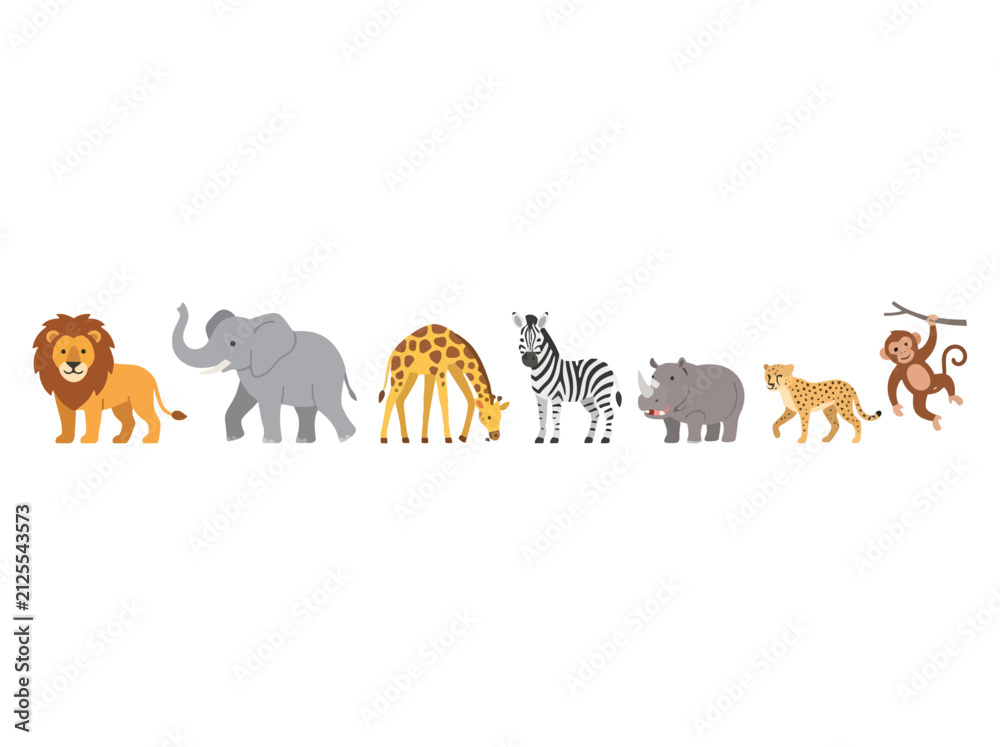 Naklejka premium A collection of cute cartoon safari animals standing in a row.