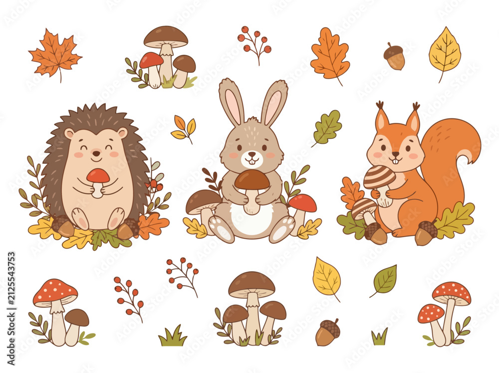 Naklejka premium Cute woodland animals with autumn mushrooms and leaves collection.