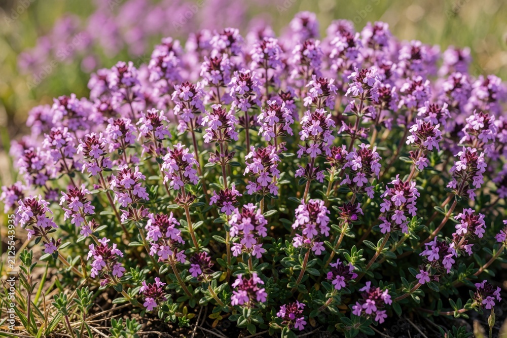 Obraz premium Blooming wild thyme plants grow in sunny summer field. Small purple flowers cover green stems of aromatic herbs on nature meadow. Botany experts study medicinal thymus bushes. Fresh organic flora