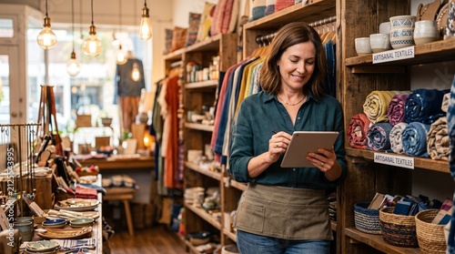 Smiling woman small business owner using tablet in boutique store checking inventory of artisanal textiles and clothing