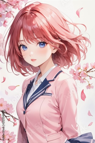 桜と女子高校生