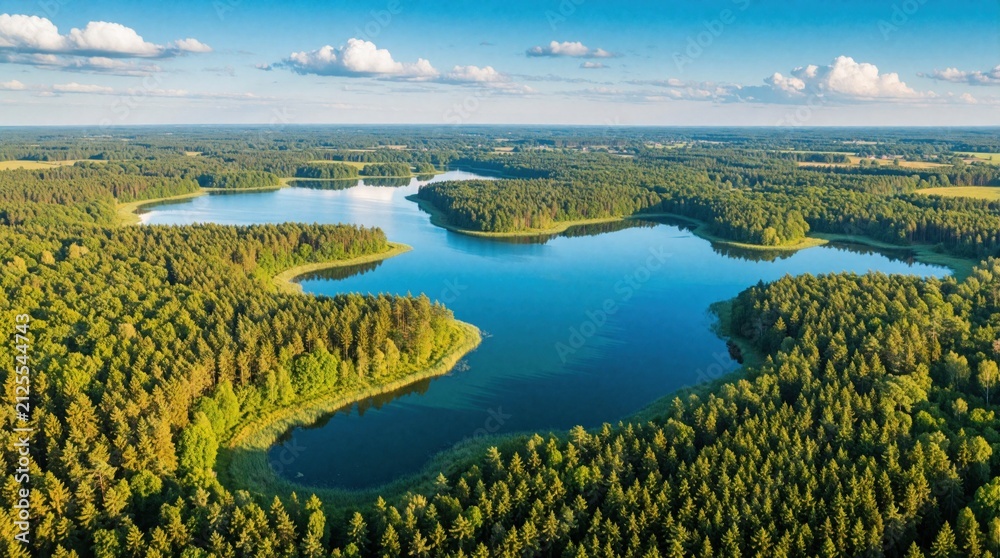 Obraz premium Aerial view of Mazury lakes in Poland surrounded by dense green pine forests. Beautiful summer landscape with crystal blue water basins, tree vegetation. Nature scenery offers peaceful environment