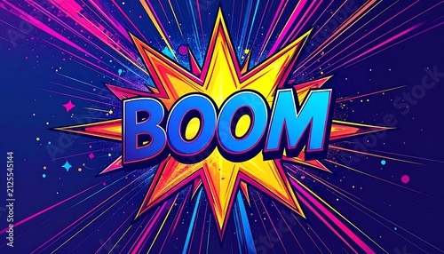 A vibrant comic book style illustration features the word boom in bold blue letters.