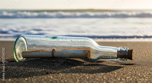 Vintage message in a bottle on a sandy beach, rolled paper scroll inside a glass bottle, romantic coastal communication concept