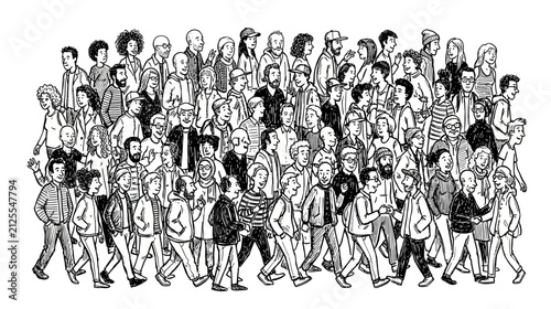 Diverse Crowd of People Walking Together, Isolated