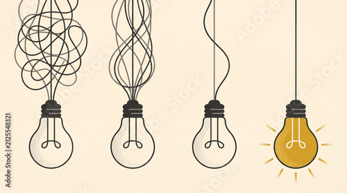 Creative problem solving illustration showing the transition from confused tangled lines to a bright glowing yellow lightbulb for a clear solution