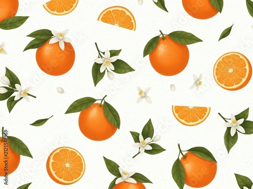 Orange pattern with fruits slices leaves and blossoms on white background