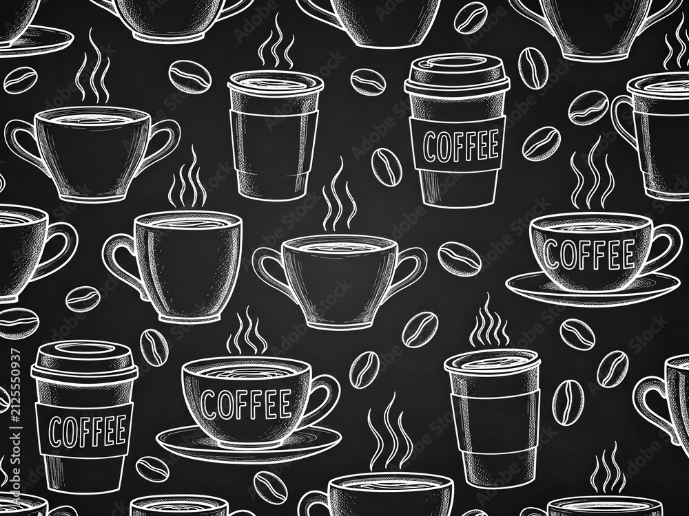 Fototapeta premium Coffee cups and beans pattern on black chalkboard background, cafe and beverage collection