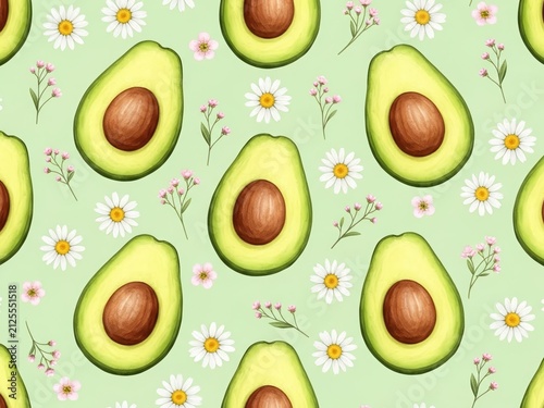 Fresh avocado pattern with daisies and small flowers on light green, perfect for healthy or spring themes