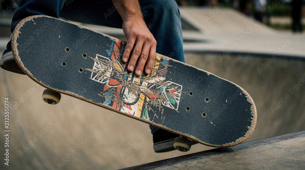 Fototapeta premium Skater grabs worn board deck jumping at concrete park. Close view shows grip tape texture, wheels. Person performs trick mid air during ride on street ramp. Young man wears denim pants, sneakers