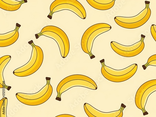 Bright yellow bananas repeating in a seamless pattern on a pale yellow background