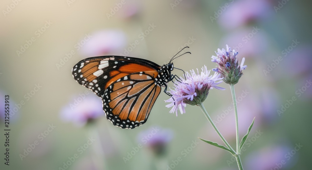 Fototapeta premium Monarch butterfly feeding on purple coneflower in natural garden.
