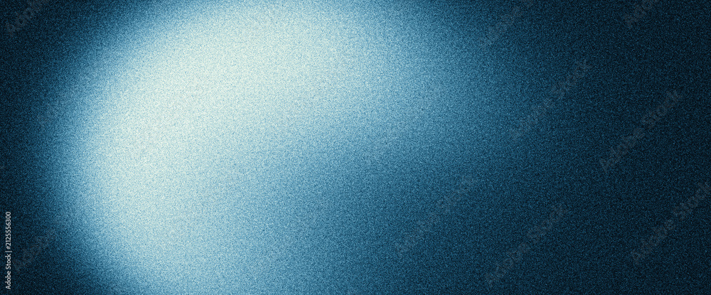 Obraz premium Blurred blue glowing light spot on dark grainy background, grain texture gradient shape on black backdrop, abstract technology website header, banner, vibrant poster, cover, wallpaper design