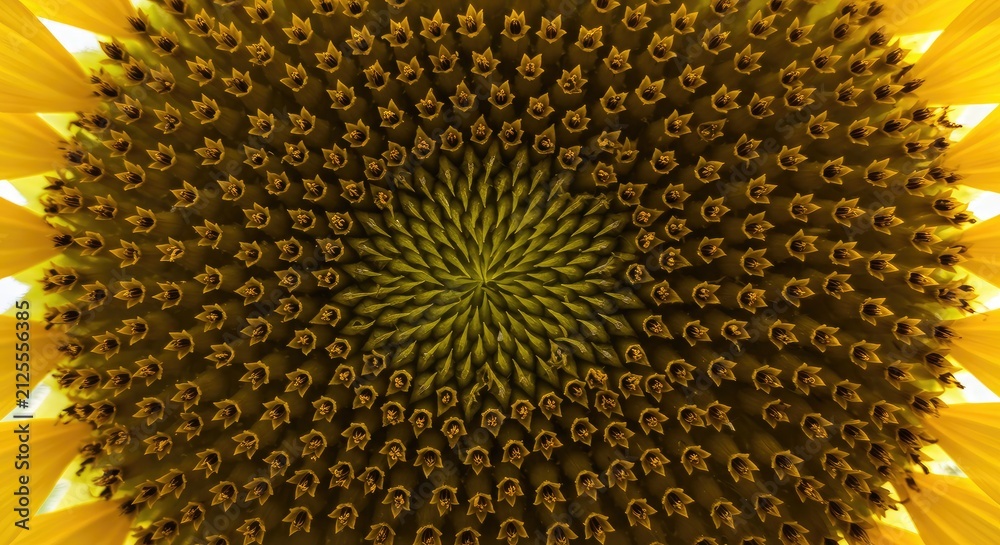 Golden sunburst pattern with intricate floral design on dark background.