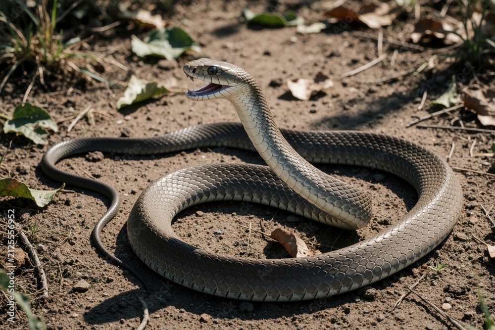 Fototapeta premium Black mamba snake coiled on dry dirt ground opens its mouth displaying fangs. This highly venomous reptile is native to Africa and known for its speed and aggression. It is a dangerous creature.