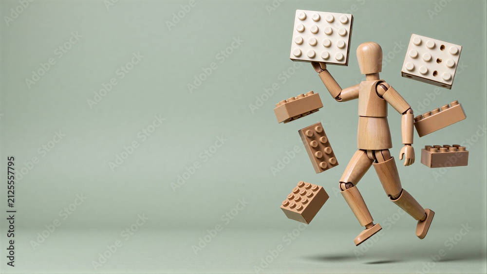 Fototapeta premium Wooden figure joyfully leaps among floating LEGO bricks against a soft green backdrop.