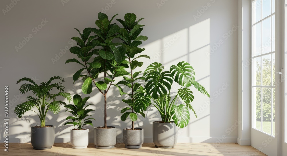 Fototapeta premium Modern living room with potted ferns and natural lighting from large window.