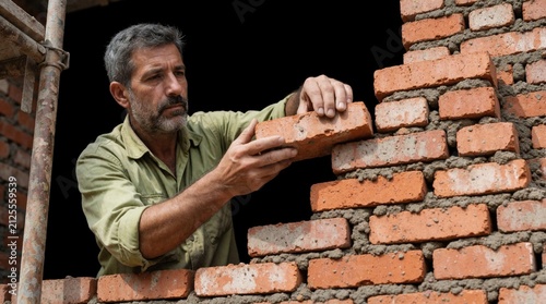 Mature male bricklayer lays clay blocks for house wall construction. Experienced artisan builds exterior masonry structure with cement mortar. Pro worker carefully places redbrick during