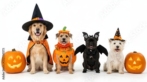 Group of dogs in halloween costumes isolated on white background