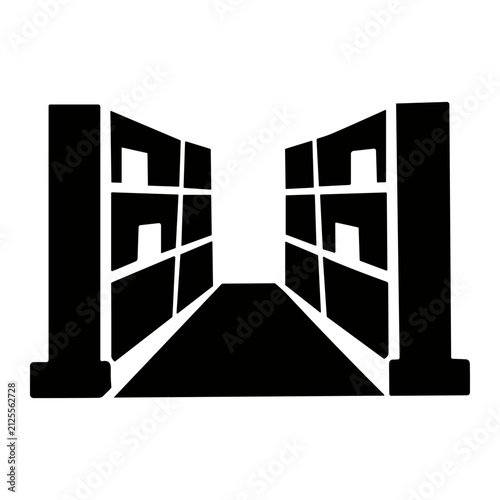 Black silhouette icon depicting two parallel warehouse shelving units forming a central aisle in strong perspective, illustrating storage racks, inventory corridor and interior