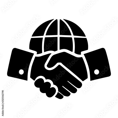 Silhouette of two hands in a firm handshake before a stylized globe, symbolizing global partnership, international cooperation, business agreement and diplomacy