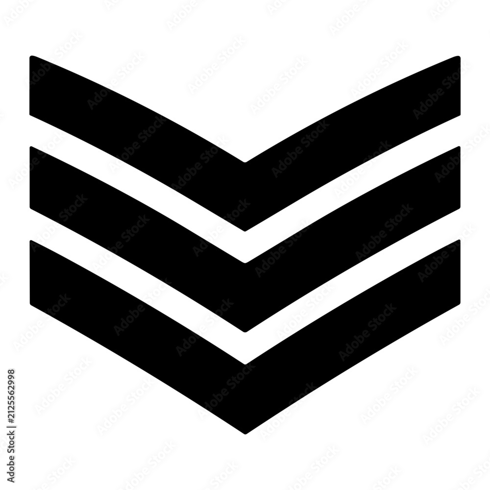 Obraz premium High-contrast black triple chevron insignia graphic showing three downward-pointing V-shaped stripes stacked symmetrically as a minimalist rank emblem on a white background