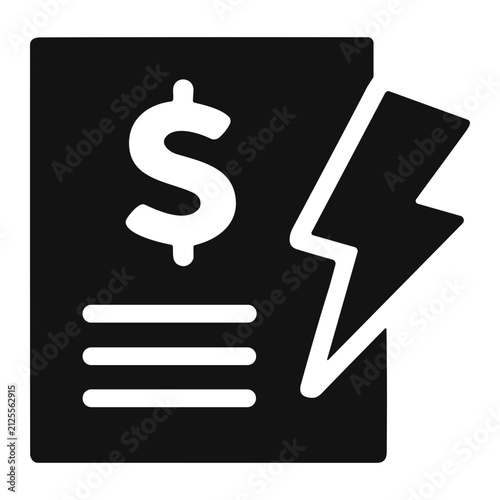 Electricity bill icon depicting a dollar sign on an invoice with a lightning bolt symbolizing energy charges, high power costs, utility billing and payment notice electric service