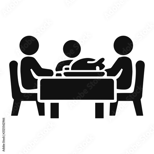 Black silhouette icon of three people seated around a dining table sharing a roast turkey on a platter, representing a family dinner, holiday feast and communal celebration.