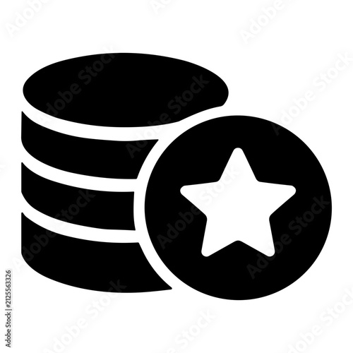 Stack of coins and a star-marked token symbolizing rewards, premium currency, loyalty points, and achievement in a flat monochrome icon representing value and status