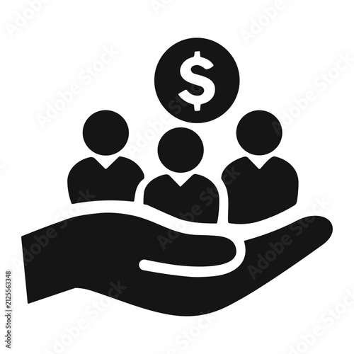 Black silhouette of an open hand holding three human figures beneath a dollar coin, representing financial support, funding, employee benefits, aid and community sponsorship