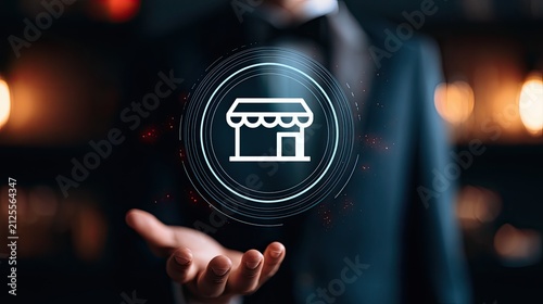 Man's hand presents glowing store icon, symbolizing business, retail, and commerce