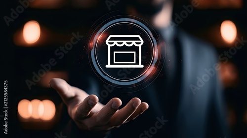 Hand presenting glowing store icon in abstract digital, bokeh background