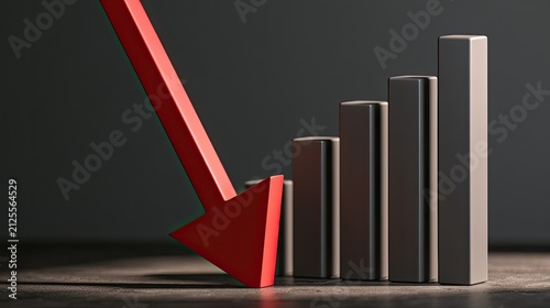 Red arrow plunges downward across rising bar graph
