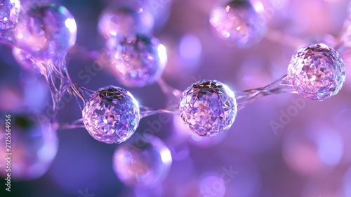 Close-up of shimmering, crystal spheres interconnected by fine threads