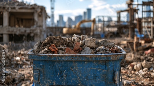 Blue dumpster filled with construction debris at a demolition site, city skyline behind