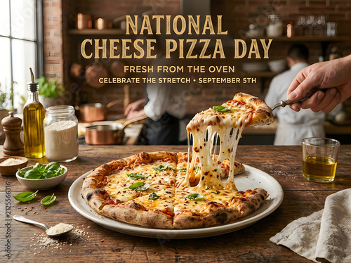 National cheese pizza day celebration freshly baked pizza with a perfect cheese pull