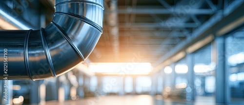 Close-up of metallic ductwork in a modern, brightly lit industrial interior